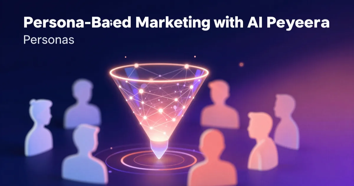 Abstract visualization of AI buyer personas as glowing holographic profiles around a marketing funnel, in coral and purple on navy